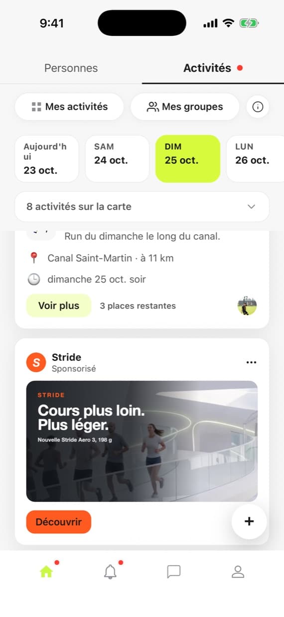 Une pub dans le fil des activités